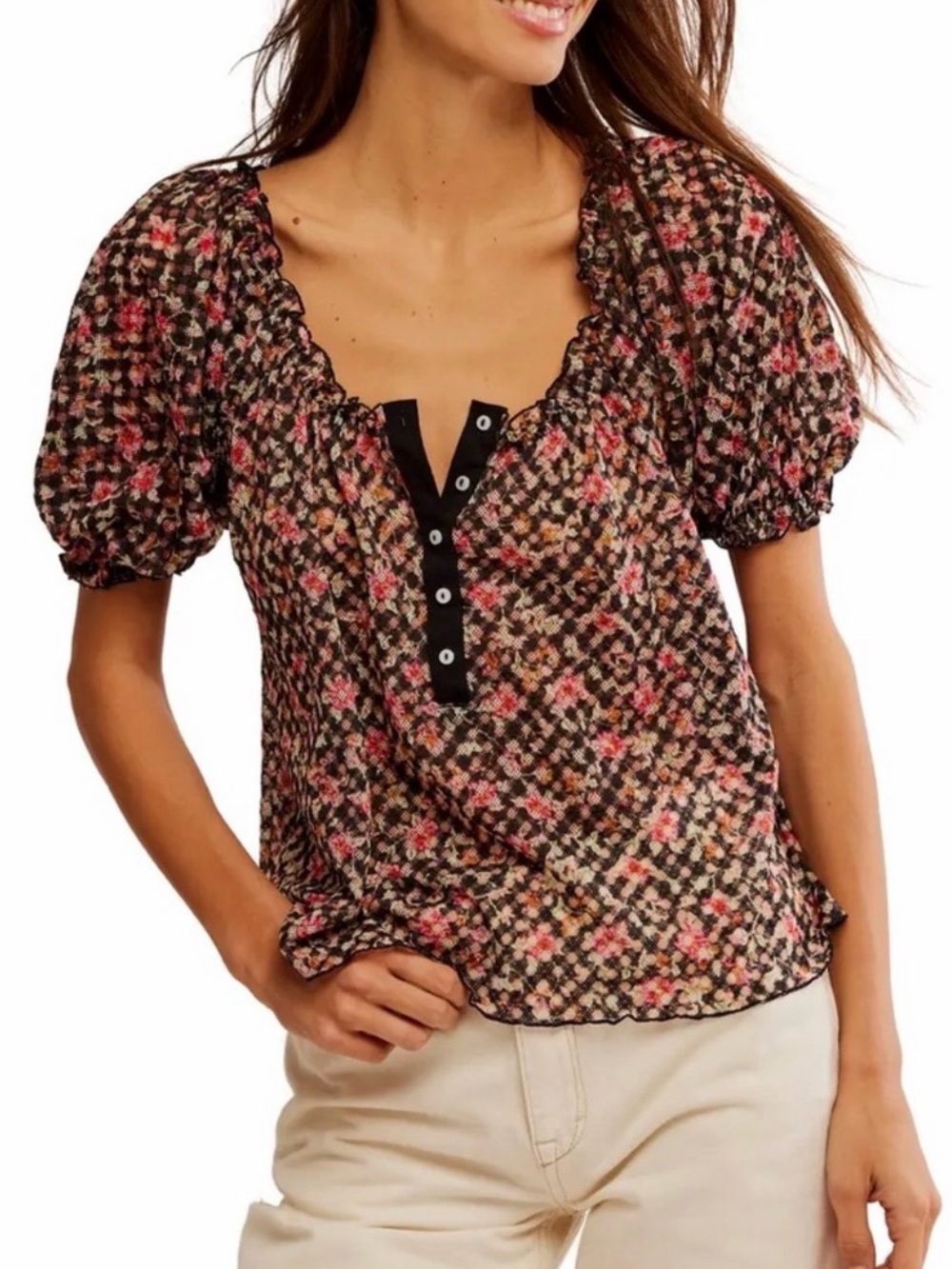 FREE PEOPLE Astra Peasant Top Black Combo  Size XS & M Boho Flowy Blouse NWT